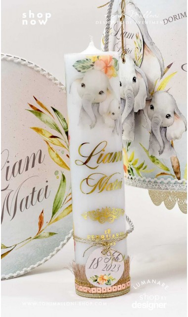 Lumanare de botez scurta personalizata cu elefant si foita folio auriu Elefantelul 3